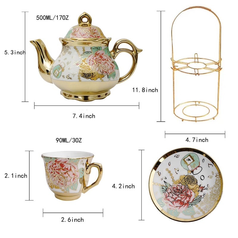 CHANJOON tea sets Gold Plated Red Rose Ceramic Tea Set, Vintage Teapot Tea Sets Beautiful Tea Set Coffee Serving 6 People (Golden, Medium) - Image 2