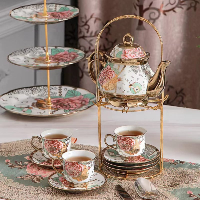 CHANJOON tea sets Gold Plated Red Rose Ceramic Tea Set, Vintage Teapot Tea Sets Beautiful Tea Set Coffee Serving 6 People (Golden, Medium) - Image 4