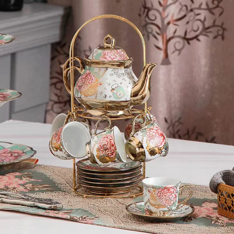 CHANJOON tea sets Gold Plated Red Rose Ceramic Tea Set, Vintage Teapot Tea Sets Beautiful Tea Set Coffee Serving 6 People (Golden, Medium) - Image 3