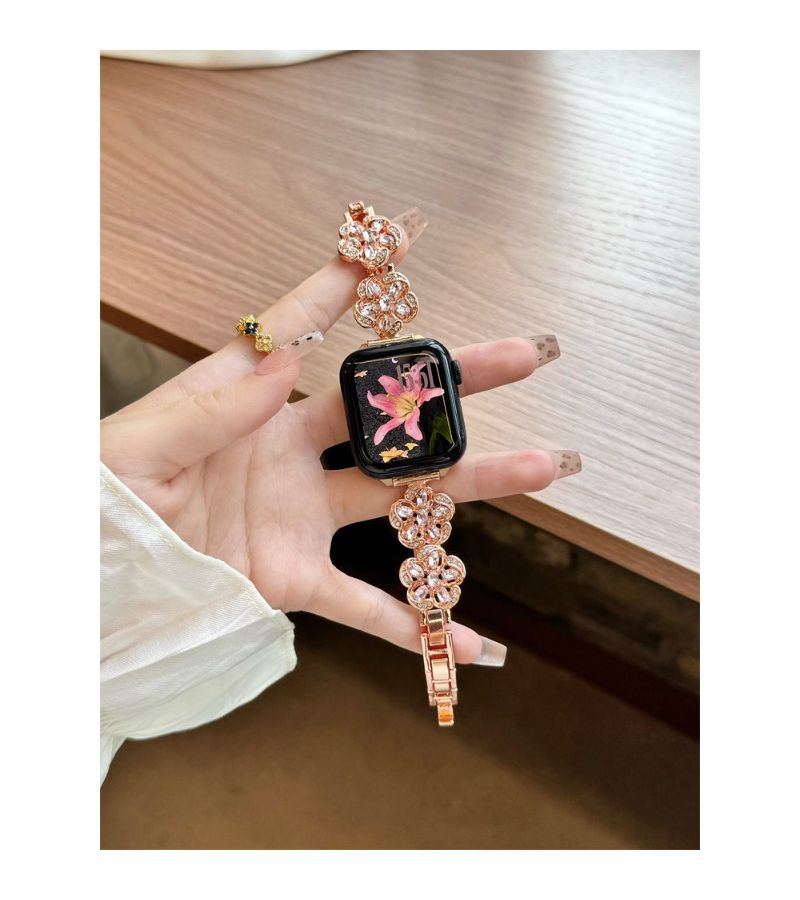 Fashion Metal Flower Diamond Encrusted Premium Handmade Strap For Smart Watch Band Rose Golden 38mm 40mm 41mm 42mm - Image 4