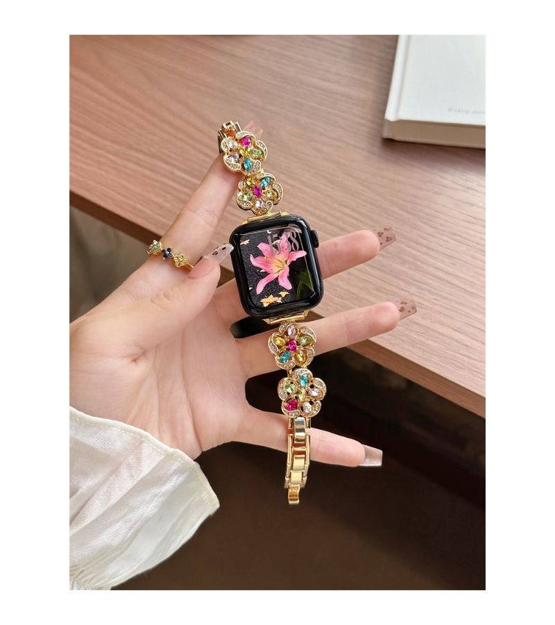Fashion Metal Flower Diamond Encrusted Premium Handmade Strap For Smart Watch Band Rose Golden 38mm 40mm 41mm 42mm - Image 1