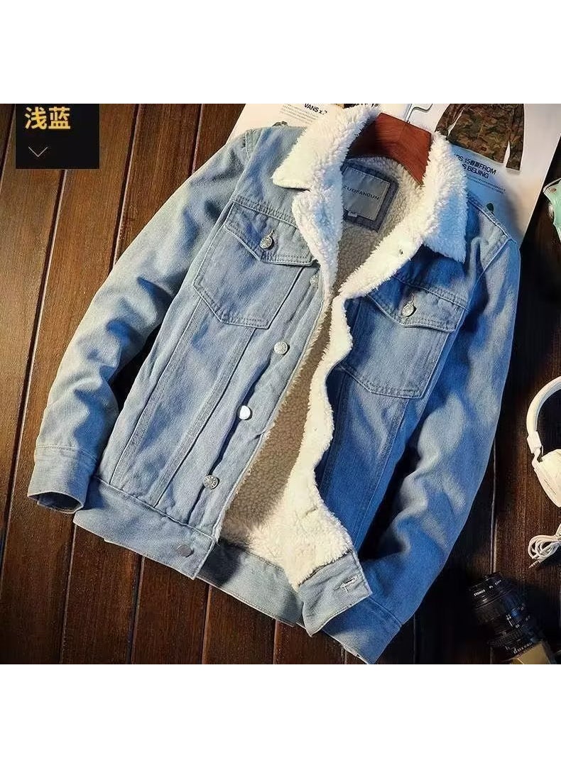 Generic - Vintage American Casual Denim Sherpa Jacket Men Dark Blue - Image 1