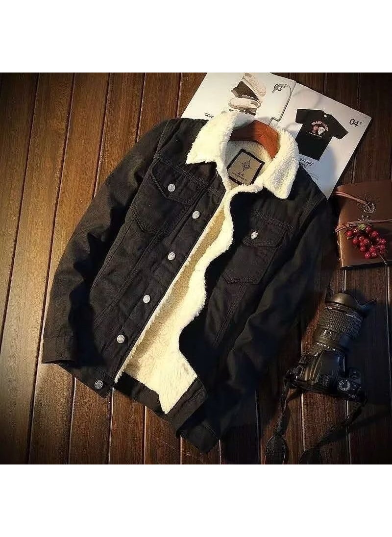 Generic - Vintage American Casual Denim Sherpa Jacket Men Dark Blue - Image 1
