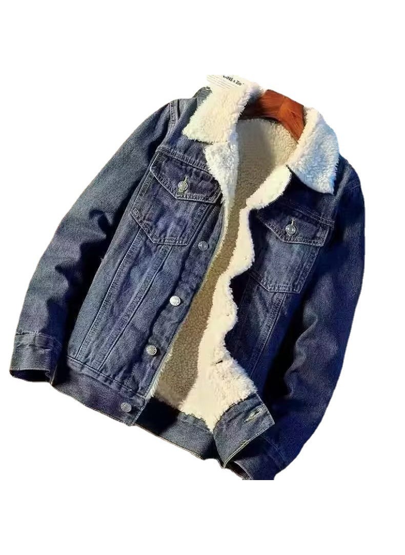 Generic - Vintage American Casual Denim Sherpa Jacket Men Dark Blue - Image 1