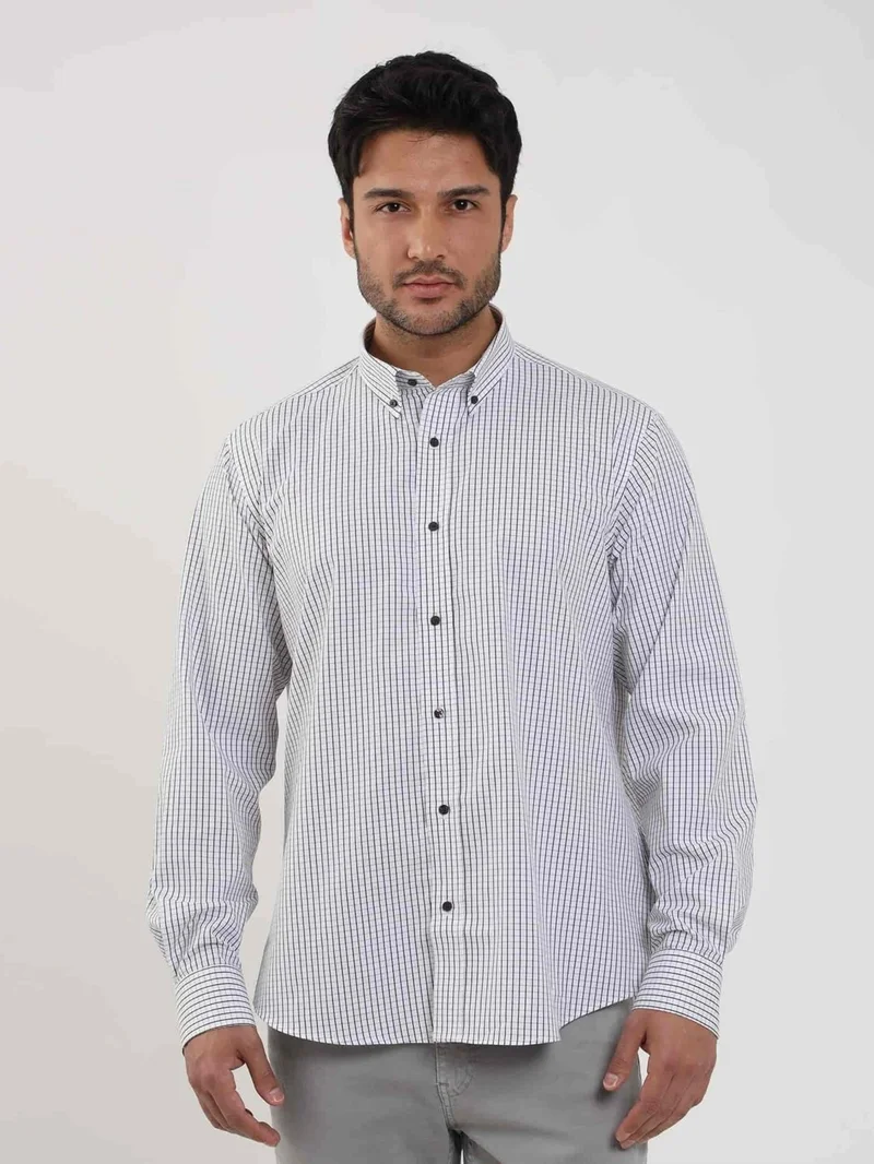 دوفي White Men's Regular Fit Checked Button Collar Long Sleeve Shirt - 97901