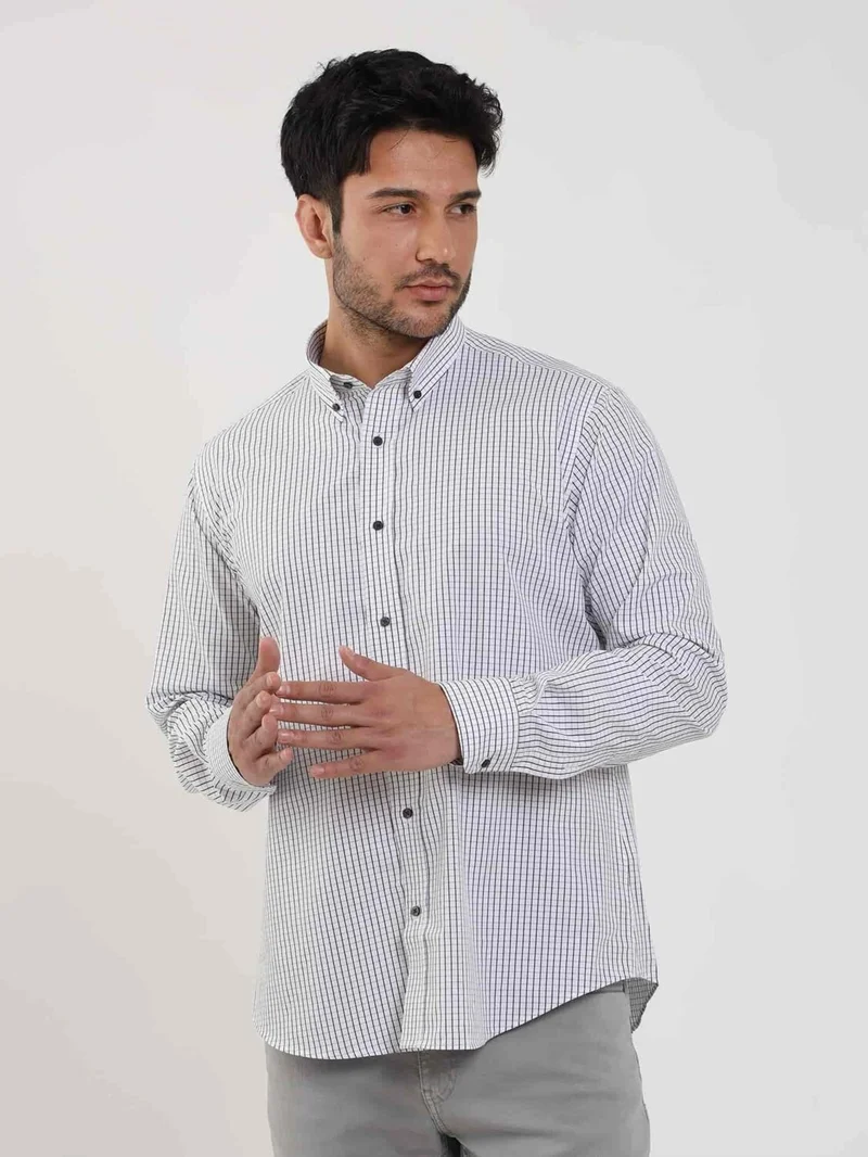 دوفي White Men's Regular Fit Checked Button Collar Long Sleeve Shirt - 97901