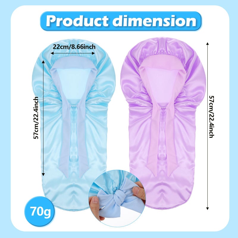 Lnngub 2 Packs Long Hair Bonnet for Sleeping, Silk Bonnet for Kids Satin Bonnets Double Layer Satin Sleep Bonnet Elastic Satin Bonnet Night Sleep Hats for Toddler Teens Natural Curly Hair(Blue+Purple) - Image 2