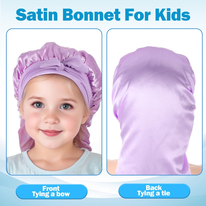Lnngub 2 Packs Long Hair Bonnet for Sleeping, Silk Bonnet for Kids Satin Bonnets Double Layer Satin Sleep Bonnet Elastic Satin Bonnet Night Sleep Hats for Toddler Teens Natural Curly Hair(Blue+Purple) - Image 4