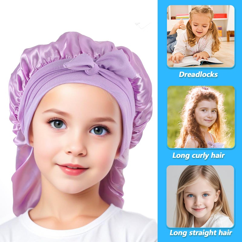 Lnngub 2 Packs Long Hair Bonnet for Sleeping, Silk Bonnet for Kids Satin Bonnets Double Layer Satin Sleep Bonnet Elastic Satin Bonnet Night Sleep Hats for Toddler Teens Natural Curly Hair(Blue+Purple) - Image 5