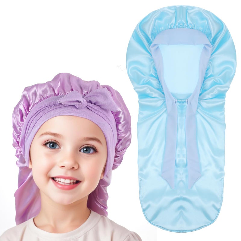 Lnngub 2 Packs Long Hair Bonnet for Sleeping, Silk Bonnet for Kids Satin Bonnets Double Layer Satin Sleep Bonnet Elastic Satin Bonnet Night Sleep Hats for Toddler Teens Natural Curly Hair(Blue+Purple) - Image 1