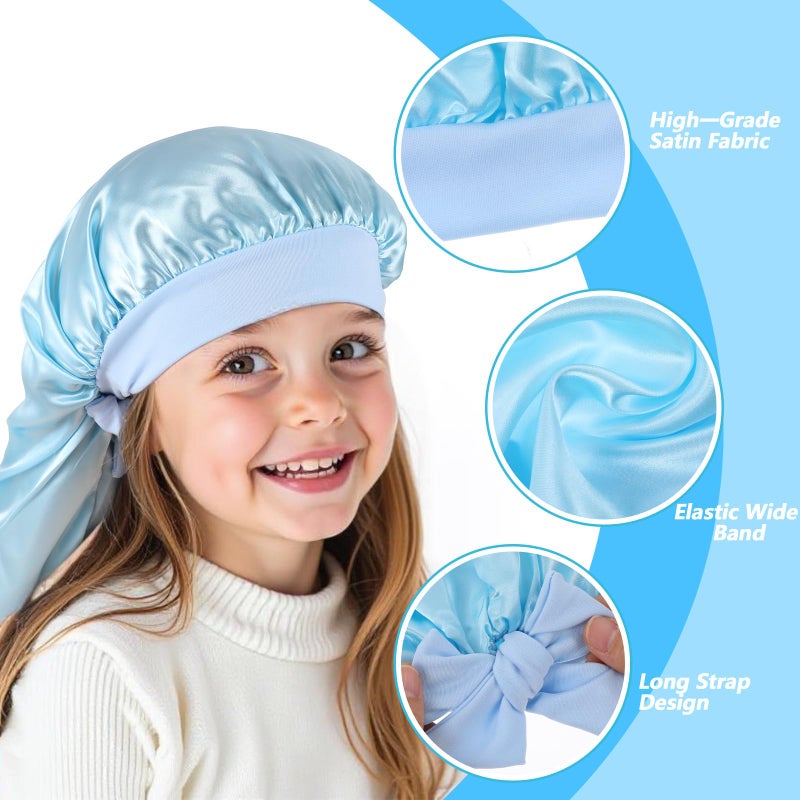 Lnngub 2 Packs Long Hair Bonnet for Sleeping, Silk Bonnet for Kids Satin Bonnets Double Layer Satin Sleep Bonnet Elastic Satin Bonnet Night Sleep Hats for Toddler Teens Natural Curly Hair(Blue+Purple) - Image 3