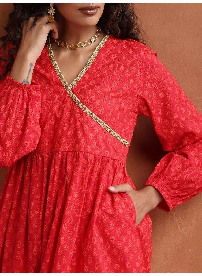 trueBrowns Red Print Angrakha Co-ord Set