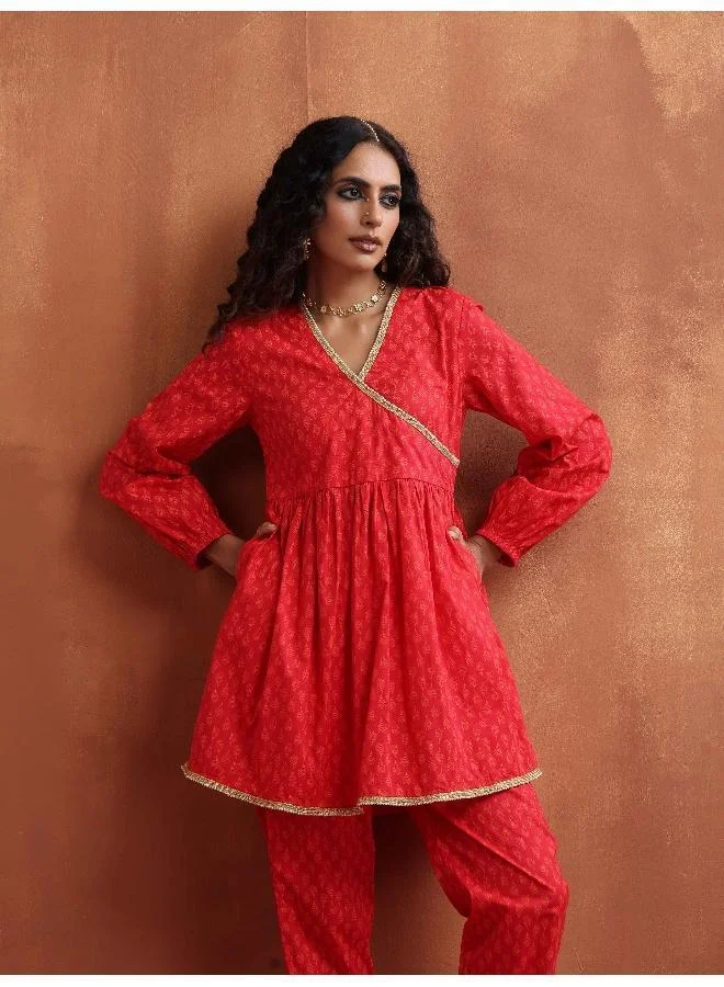 trueBrowns Red Print Angrakha Co-ord Set