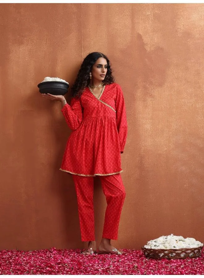 trueBrowns Red Print Angrakha Co-ord Set