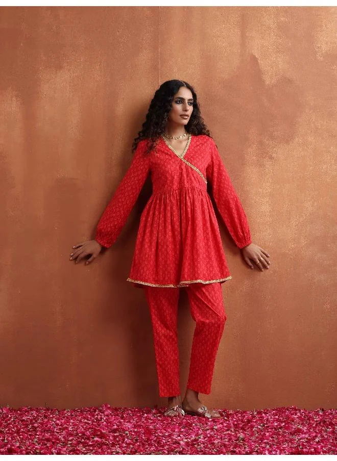 ترو برونز trueBrowns Red Print Angrakha Co-ord Set