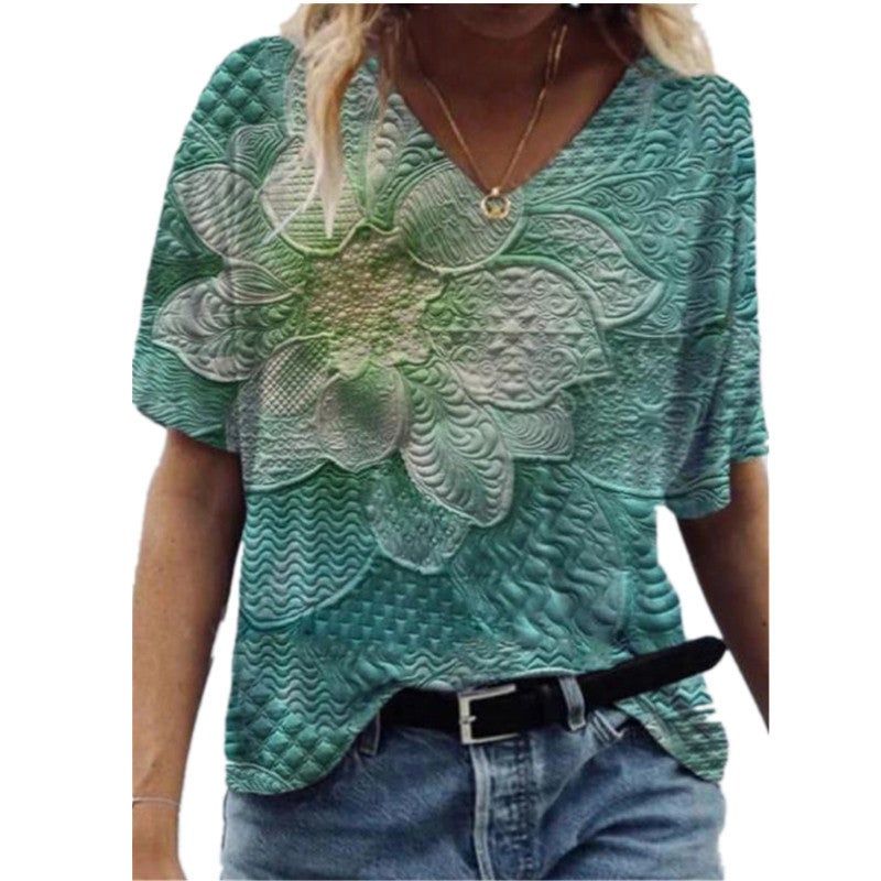 Spot 2021 Spring and Summer V-neck Loose Large Flower Printed Urban Casual Short-sleeved Pullover T-shirt - Image 1