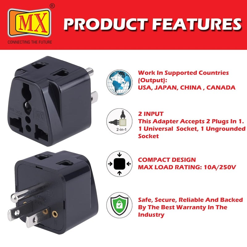 MX Universal Travel Adapter Type B India to USA Canada Japan More 2 in 1 Conversion Plug for Home and Official use Black Pack of 3 - Image 5