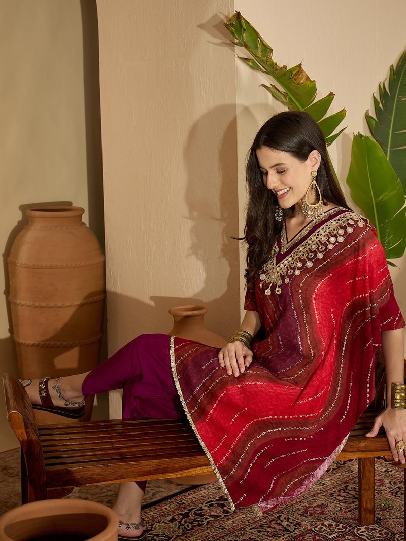 EthnicJunction Women's Viscose Rayon Leheriya Print Kaftan Kurta with Dhoti Pant Set | Rakshabandhan Kurta Set | Kurta Dhoti Set for Women | Ethnic Set | Ethnic Co Ord Set for Women Red - Image 2