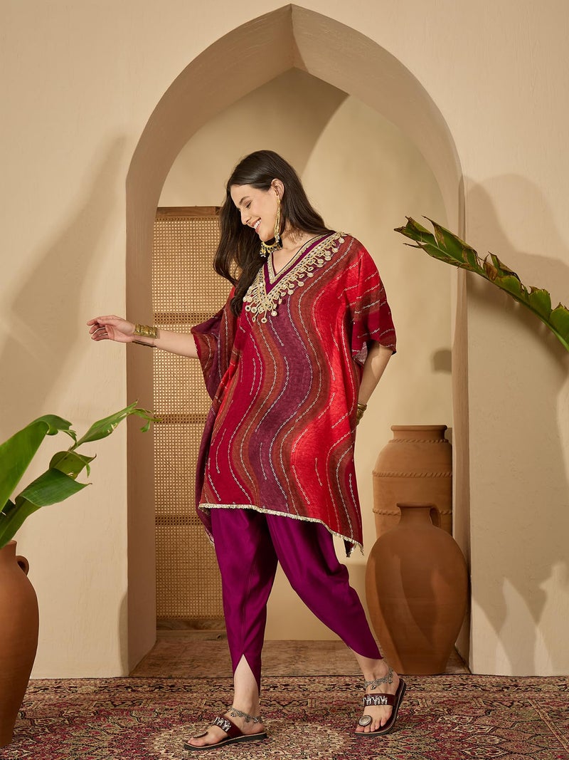 EthnicJunction Women's Viscose Rayon Leheriya Print Kaftan Kurta with Dhoti Pant Set | Rakshabandhan Kurta Set | Kurta Dhoti Set for Women | Ethnic Set | Ethnic Co Ord Set for Women Red - Image 4