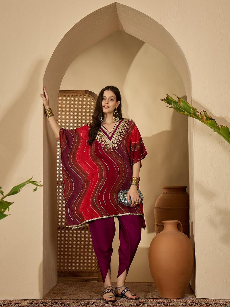 EthnicJunction Women's Viscose Rayon Leheriya Print Kaftan Kurta with Dhoti Pant Set | Rakshabandhan Kurta Set | Kurta Dhoti Set for Women | Ethnic Set | Ethnic Co Ord Set for Women Red - Image 3