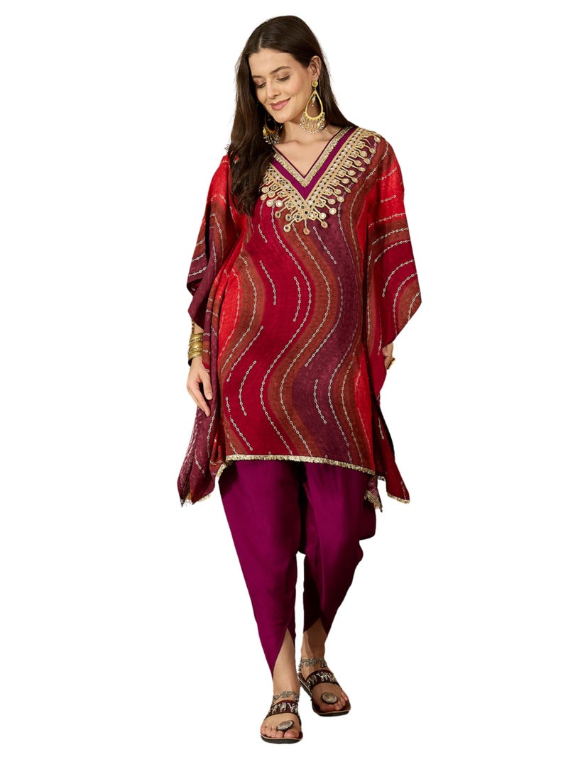 EthnicJunction Women's Viscose Rayon Leheriya Print Kaftan Kurta with Dhoti Pant Set | Rakshabandhan Kurta Set | Kurta Dhoti Set for Women | Ethnic Set | Ethnic Co Ord Set for Women Red - Image 1