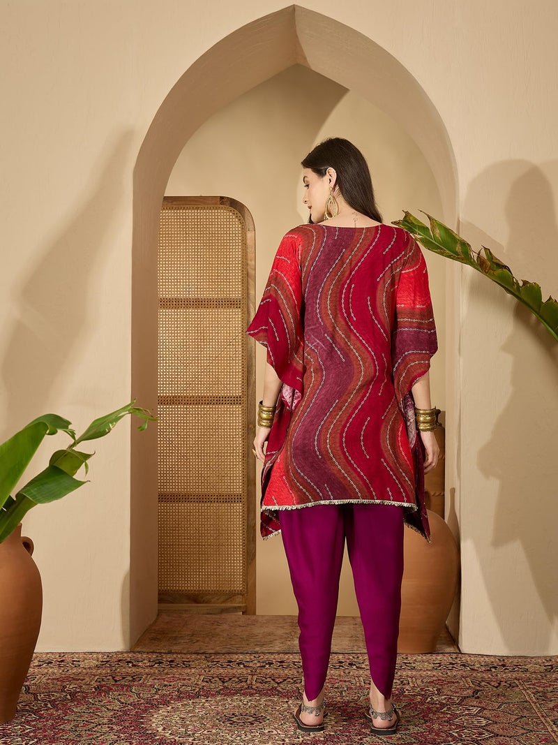 EthnicJunction Women's Viscose Rayon Leheriya Print Kaftan Kurta with Dhoti Pant Set | Rakshabandhan Kurta Set | Kurta Dhoti Set for Women | Ethnic Set | Ethnic Co Ord Set for Women Red - Image 5