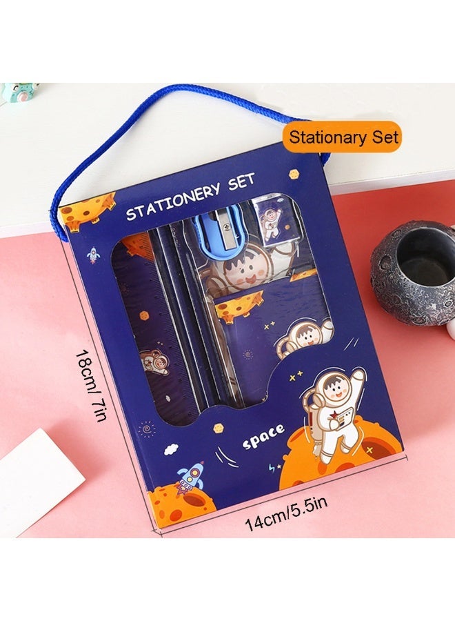 Kids Stationery Set for School Classroom, 6Pcs Kawaii Cartoon Stationery Gift Set for Boys and Girls Back to School with Pencil , Eraser, Ruler, Sharpener and Notebook (Blue) - Image 1