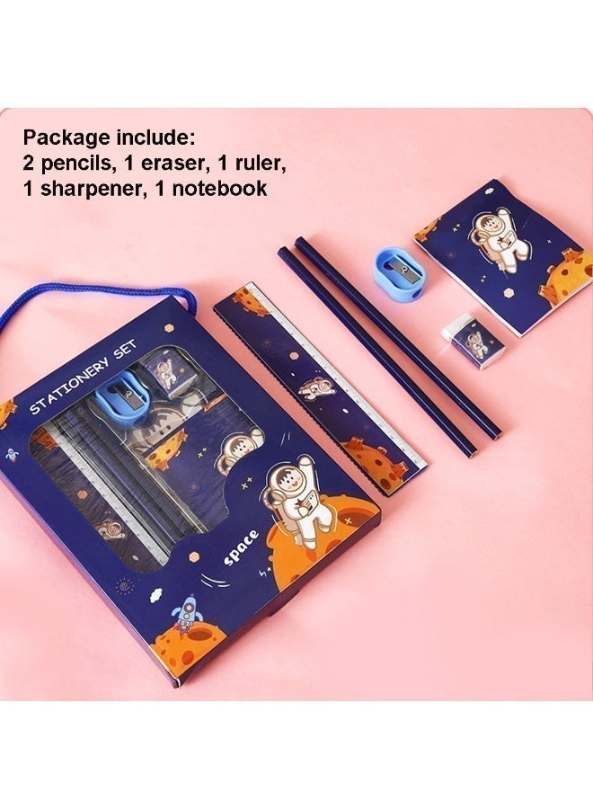 Kids Stationery Set for School Classroom, 6Pcs Kawaii Cartoon Stationery Gift Set for Boys and Girls Back to School with Pencil , Eraser, Ruler, Sharpener and Notebook (Blue) - Image 3