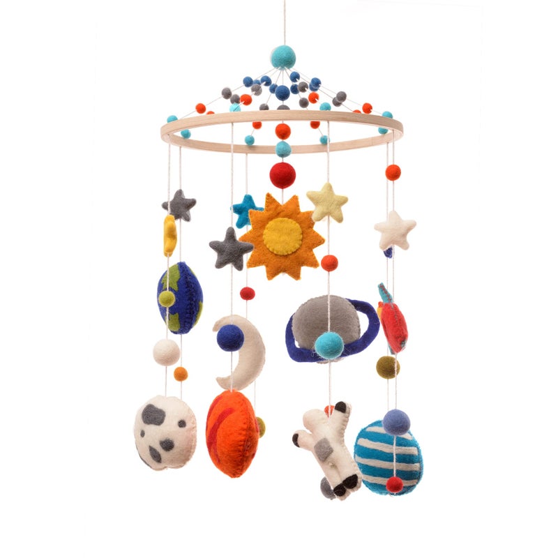 Glaciart One Space Nursery Mobile Colorful Decor for Crib Baby Rooms Handmade ChildSafe Wood Felt Wool Cotton Solar System Decoration for Girls Boys 10x24Inch 50Inch Hanging String