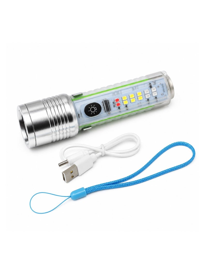 ZOOM Rechargeable Multifunction LED Flashlight 520A, Portable High Bright Torch with 8 Lighting Modes, White Side Light, UV Light, Red Blue Warning Light, Magnetic Base, Belt Clip, Type C Charging, IPX5 Water Resistant for Outdoor, Camping, Hiking ERPC 520A - Image 2