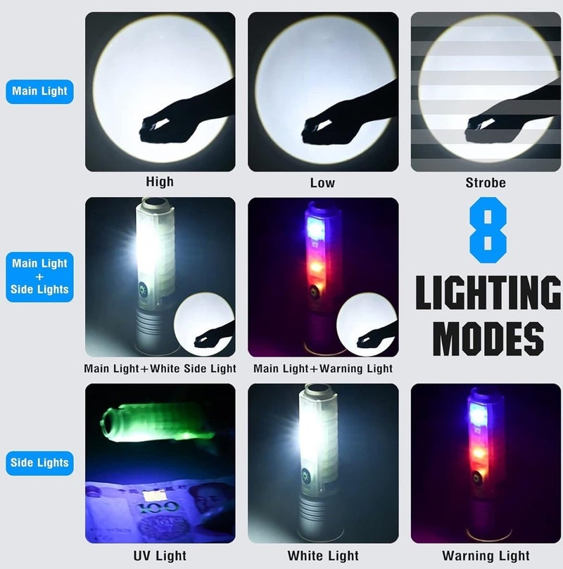 ZOOM Rechargeable Multifunction LED Flashlight 520A, Portable High Bright Torch with 8 Lighting Modes, White Side Light, UV Light, Red Blue Warning Light, Magnetic Base, Belt Clip, Type C Charging, IPX5 Water Resistant for Outdoor, Camping, Hiking ERPC 520A - Image 5