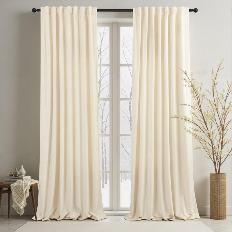 Pitalk Cream Beige Velvet Curtain 84 Inch Length 2 Panel Back Tab Pocket Solid Soft Textured Luxury Drape Sound Reducing Light Filtering Thermal Insulated Living Room Darkening Curtain for Bedroom 52x84 Long - Image 1