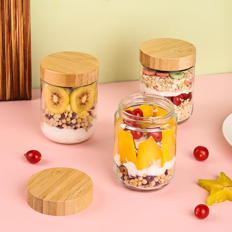 YUNCANG 6 Pack 16oz Glass Overnight Oats Jars - Airtight Containers with Bamboo Lids, Wide Mouth Mason Jars for Salad, Yogurt, Snacks & Food Storage - Image 4
