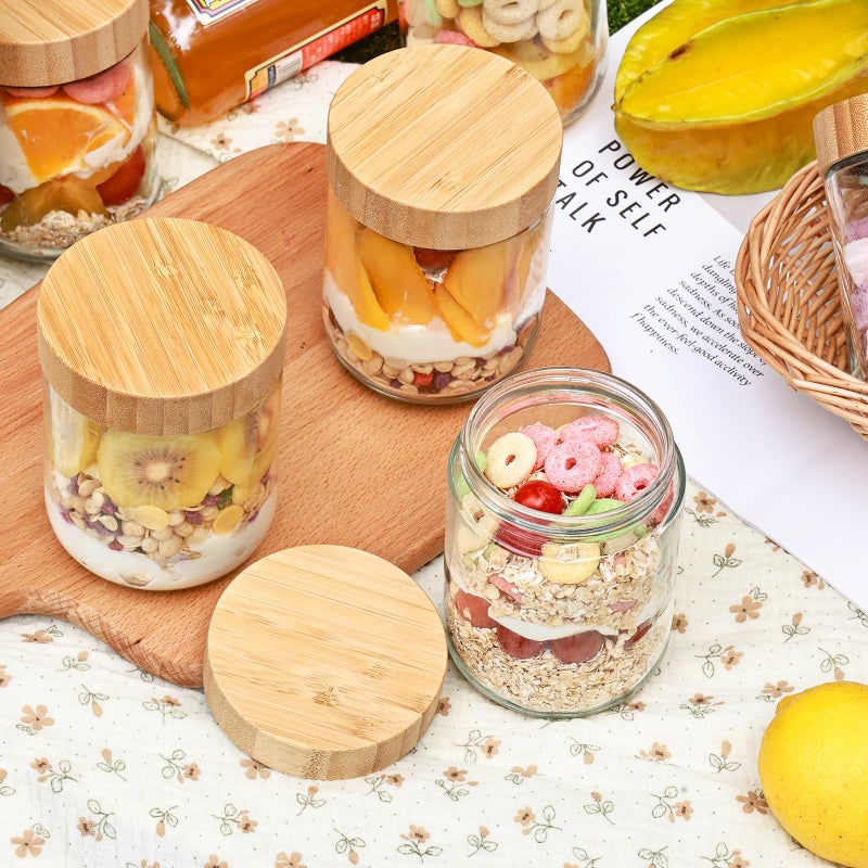 YUNCANG 6 Pack 16oz Glass Overnight Oats Jars - Airtight Containers with Bamboo Lids, Wide Mouth Mason Jars for Salad, Yogurt, Snacks & Food Storage - Image 2