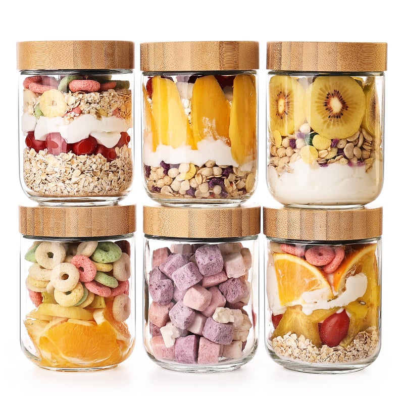 YUNCANG 6 Pack 16oz Glass Overnight Oats Jars - Airtight Containers with Bamboo Lids, Wide Mouth Mason Jars for Salad, Yogurt, Snacks & Food Storage - Image 1