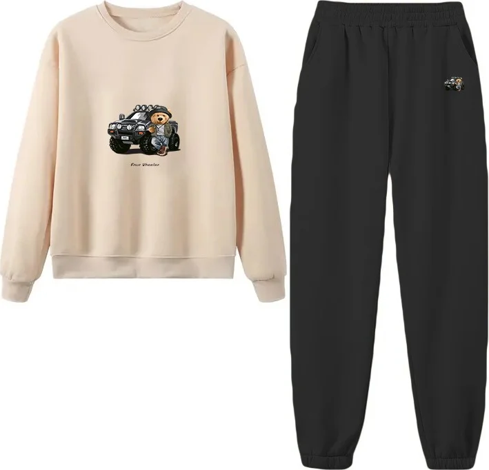 دوغ فش Tracksuit Set Oversize Fourwheeler Printed Tracksuit Set,lover,couple Combination Beige