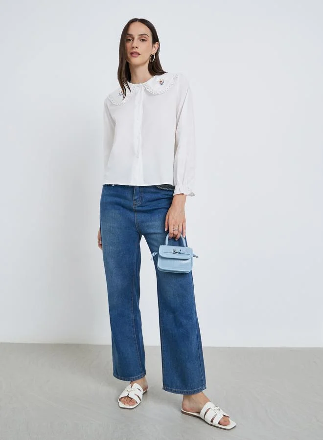 ستايلي Styli White Lace Insert Embroidered Detail Long Sleeve Top
