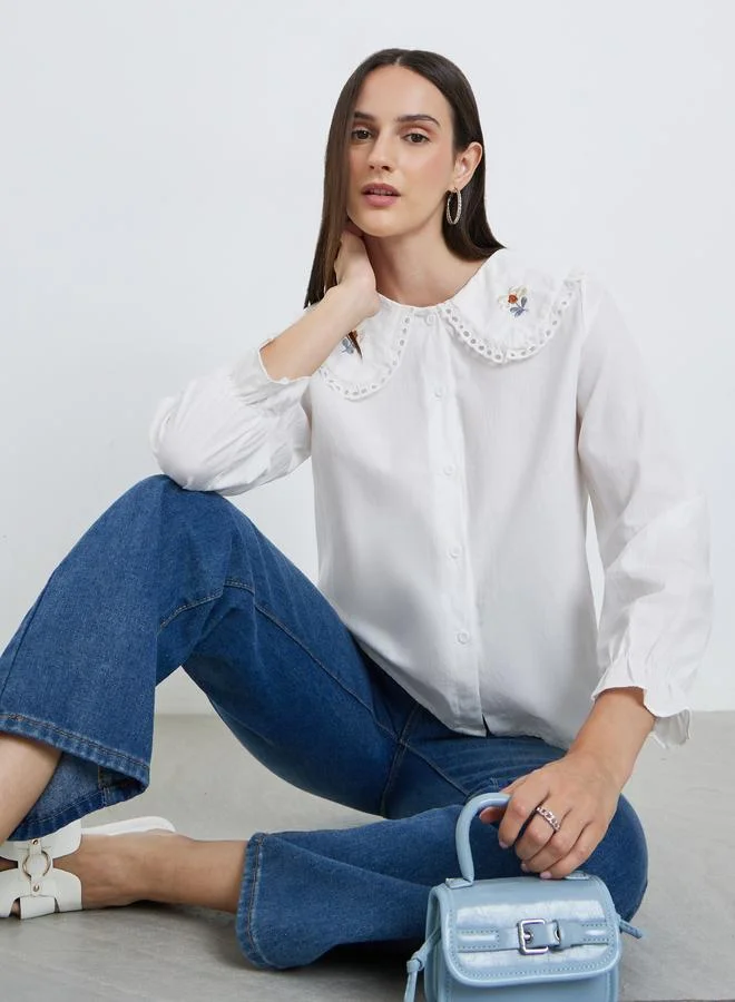 ستايلي Styli White Lace Insert Embroidered Detail Long Sleeve Top