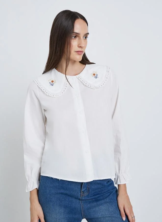 Styli Styli White Lace Insert Embroidered Detail Long Sleeve Top