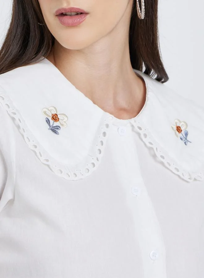 Styli Styli White Lace Insert Embroidered Detail Long Sleeve Top