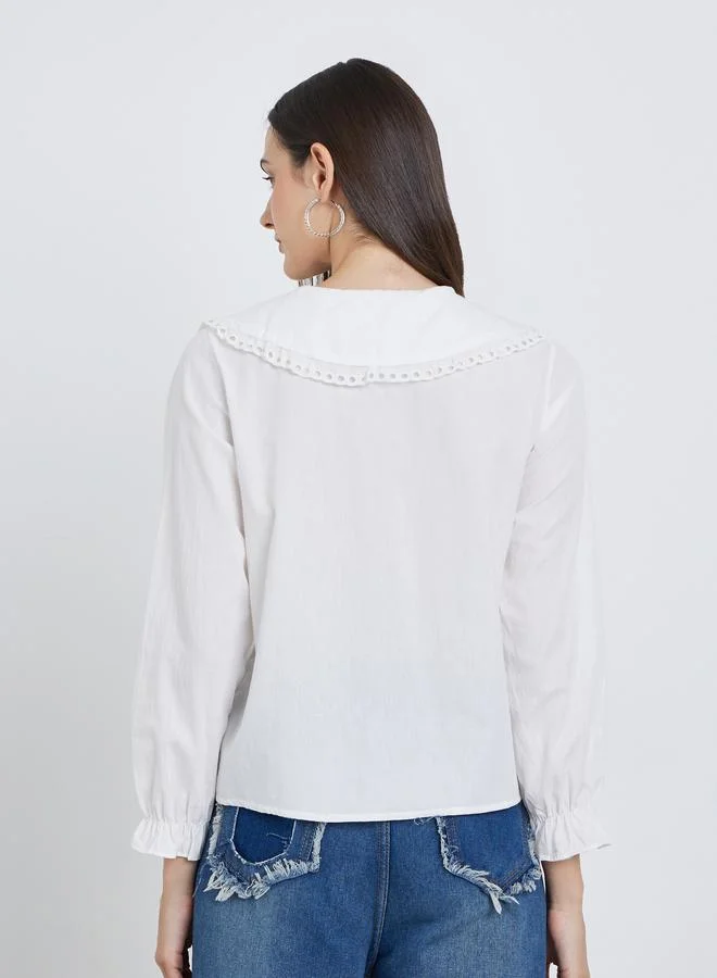Styli Styli White Lace Insert Embroidered Detail Long Sleeve Top