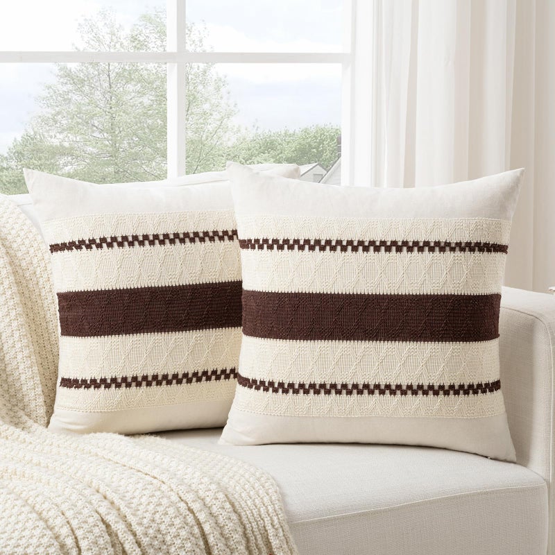 Fancy Homi Set of 2 Boho Brown Decorative Throw Pillow Cover 16x16 Inch for Couch Bed Sofa Aesthetic Modern Organic Farmhouse Home Decor Soft Cotton Cute Accent Macrame Woven Cushion Case - Image 2