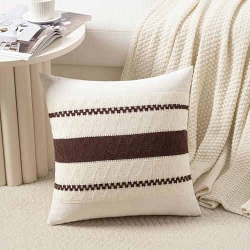 Fancy Homi Set of 2 Boho Brown Decorative Throw Pillow Cover 16x16 Inch for Couch Bed Sofa Aesthetic Modern Organic Farmhouse Home Decor Soft Cotton Cute Accent Macrame Woven Cushion Case - Image 3