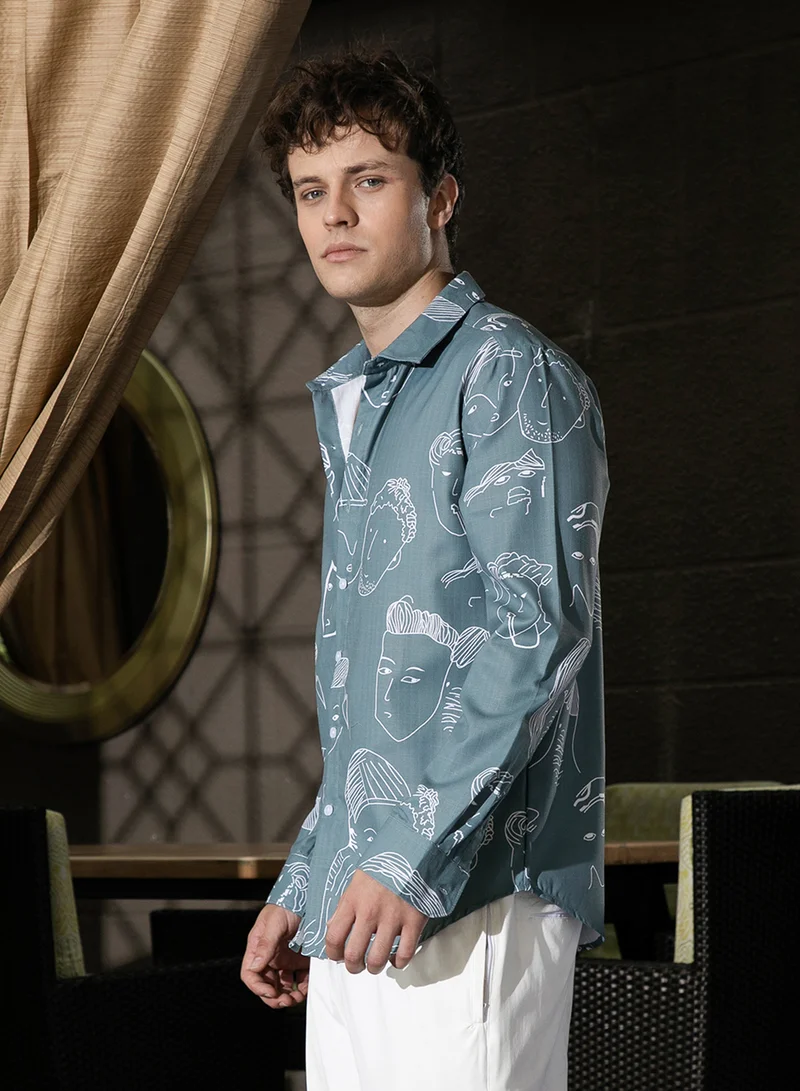 Campus Sutra Men's Sea Green Face Lines Shirt