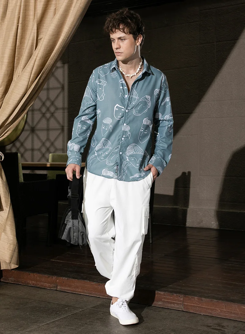 Campus Sutra Men's Sea Green Face Lines Shirt