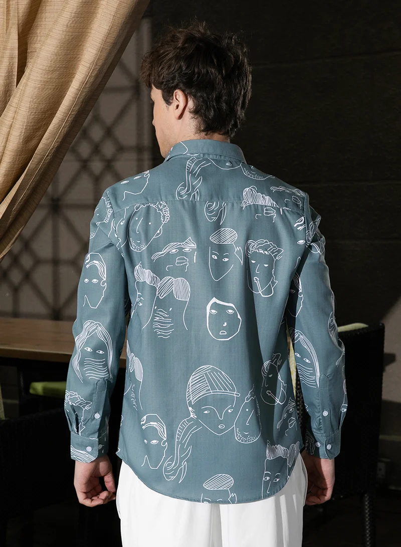 Campus Sutra Men's Sea Green Face Lines Shirt