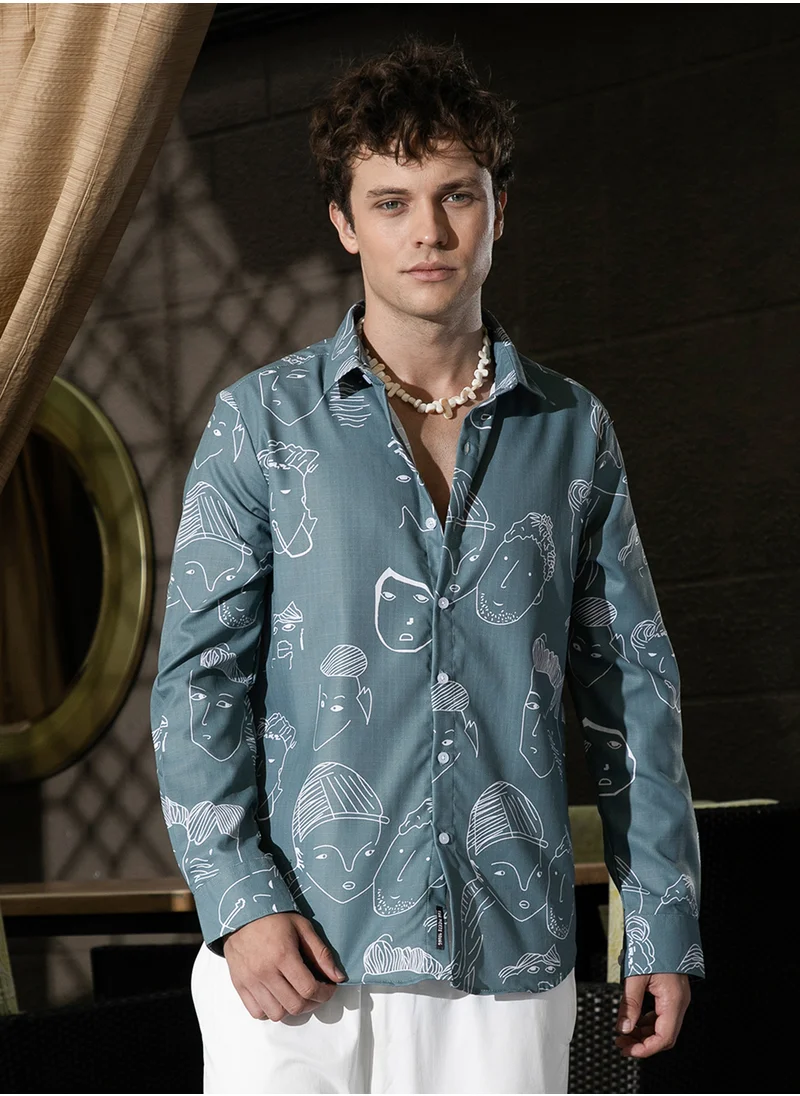 Campus Sutra Men's Sea Green Face Lines Shirt