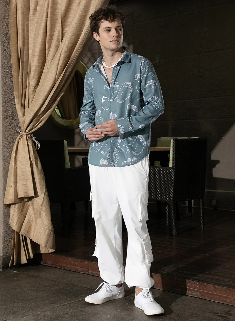 Campus Sutra Men's Sea Green Face Lines Shirt