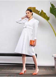 SASSAFRAS Poplin Ruched Belted Shirt Dress with Puff Sleeve by Styli  - Image 2