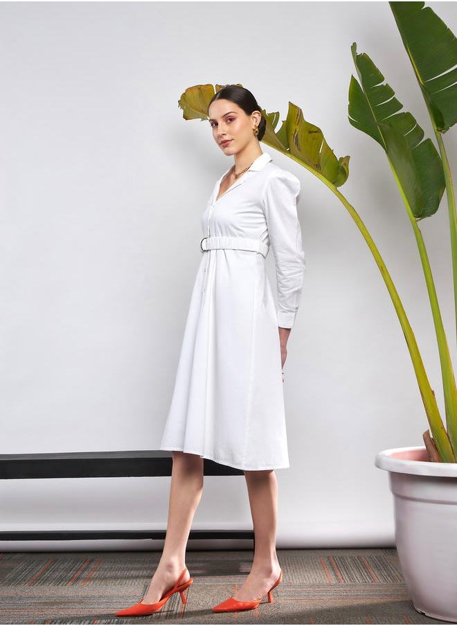 SASSAFRAS - Poplin Ruched Belted Shirt Dress with Puff Sleeve by Styli - Image 1